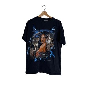 Thunder Sportswear Men's Indigenous Woman Wolf Lightning Graphic T-Shirt Black L